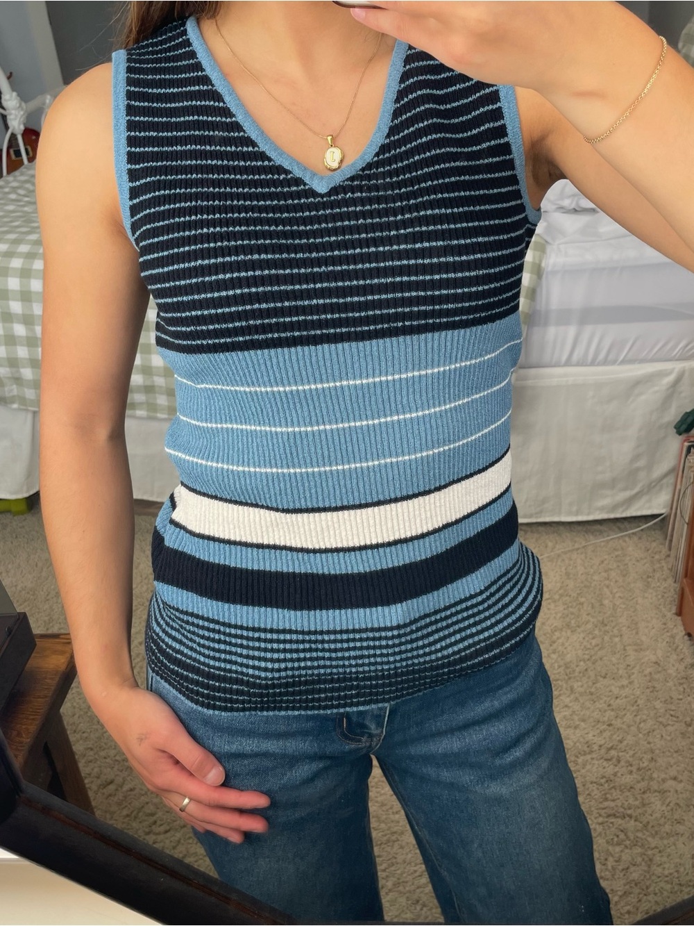 Vintage Ribbed Blue Stripe V-Neck Sweater Vest